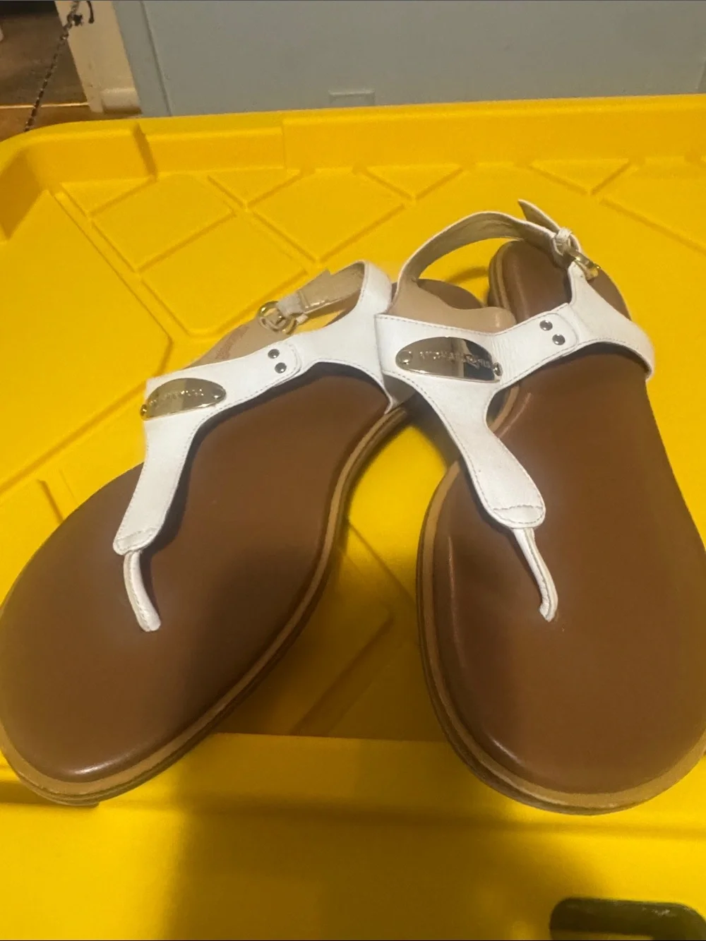 Michael Kors White Leather T-Strap Sandals with Gold Logo